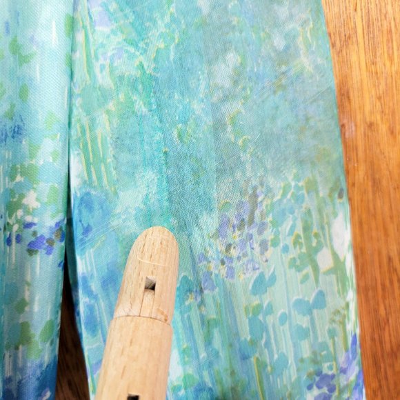 Vintage 70s Blue / Green Watercolor Floral Print Sheer Sleeve Dress - Picture 8 of 12